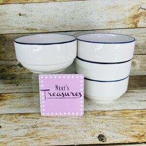 Mainstays BLUE TRIM White Bistro Stlye Stackable Ceramic Soup Cereal Bowls Set 4